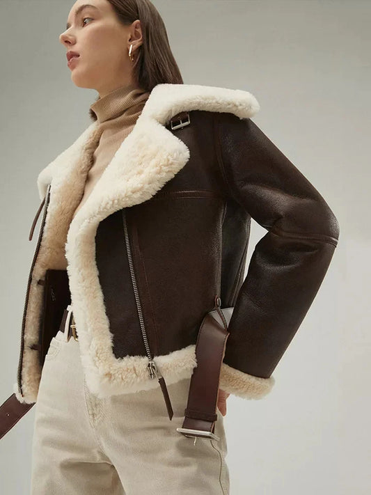 Stylish Women’s Dark Brown Leather Shearling Aviator Coat