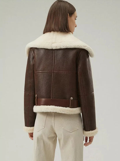 Stylish Women’s Dark Brown Leather Shearling Aviator Coat