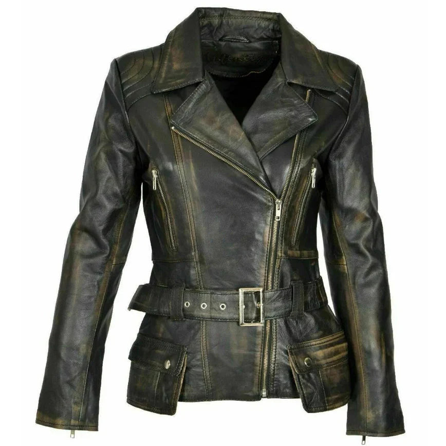 Women's Distressed Biker Motorcycle Leather Jacket