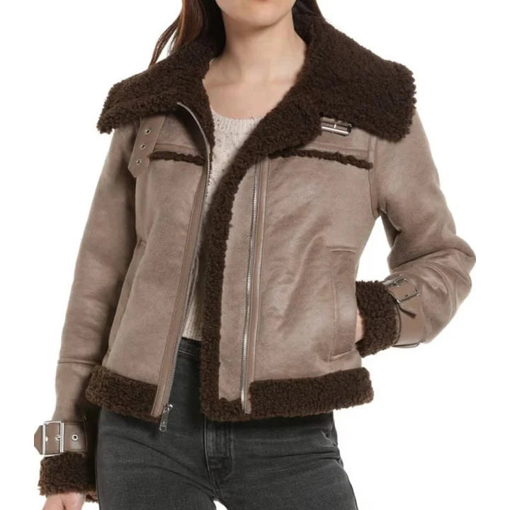 Women's Flight Aviator Pilot Shearling Sherpa Leather Jacket