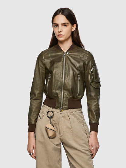 Stylish Women’s Green Leather Bomber Jacket With Arm Pocket