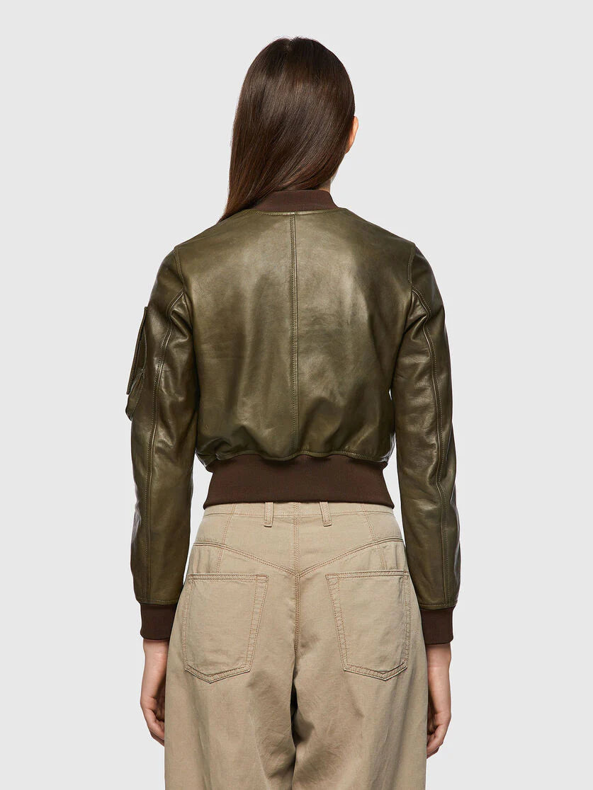 Stylish Women’s Green Leather Bomber Jacket With Arm Pocket