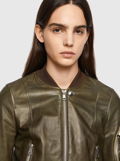 Stylish Women’s Green Leather Bomber Jacket With Arm Pocket