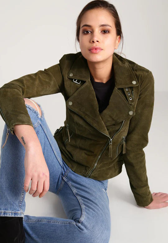 Stylish Women’s Green Suede Leather Biker Jacket