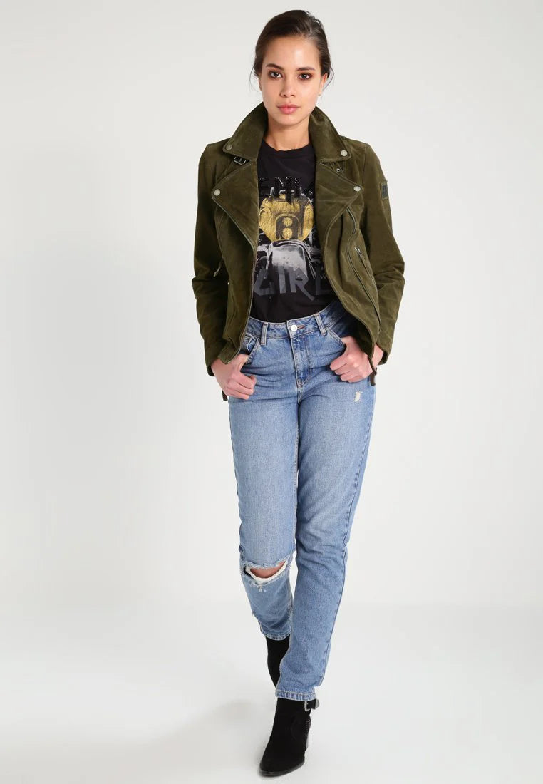 Stylish Women’s Green Suede Leather Biker Jacket