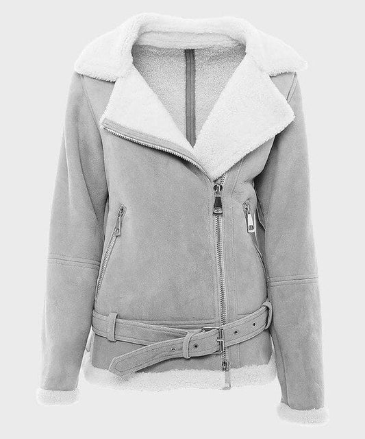 Women’s Grey Suede Shearling Jacket for Winter Style