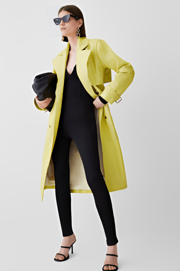 Stylish Women's Leather Trench Coat - Yellow