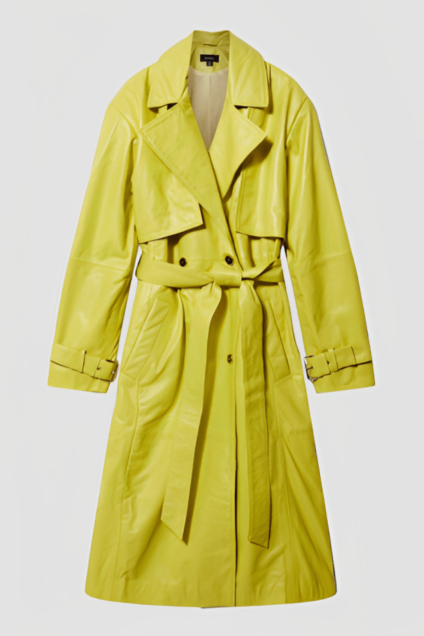 Stylish Women's Leather Trench Coat - Yellow