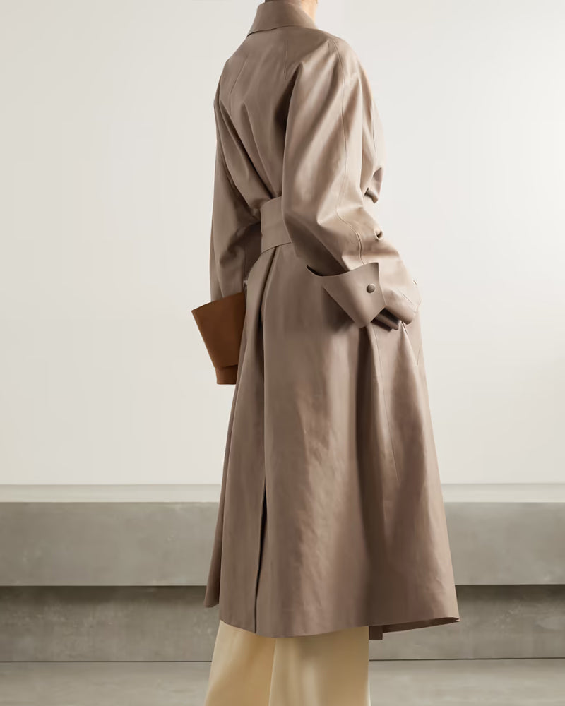 Women's Elegant Light Brown Leather Long Coat