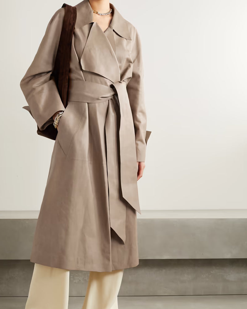 Women's Elegant Light Brown Leather Long Coat