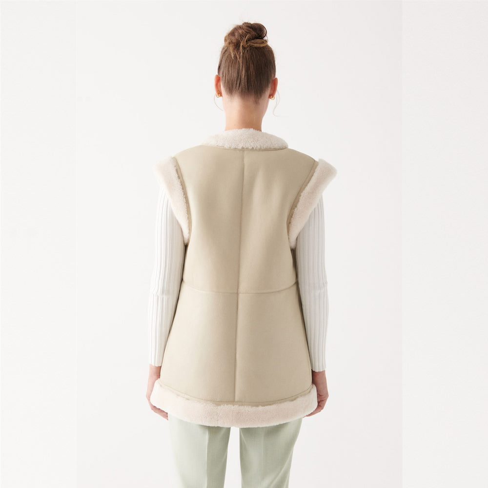 Women's Sheepskin Beige Leather Shearling Vest - TopGuruJackets