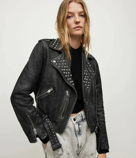 Women's Studded Leather Brando Jacket - Edgy Style and Classic Appeal