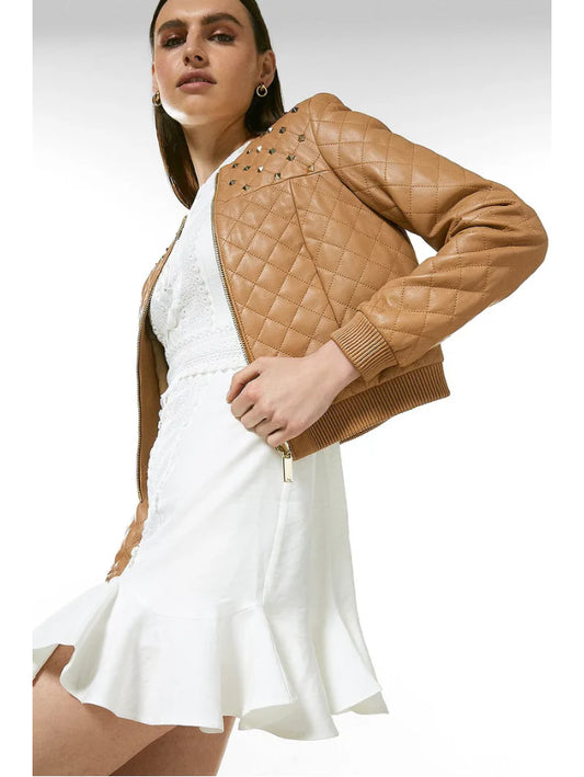 Women's Tan Beige Leather Studded Bomber Jacket - Edgy Style and Comfortable Fit