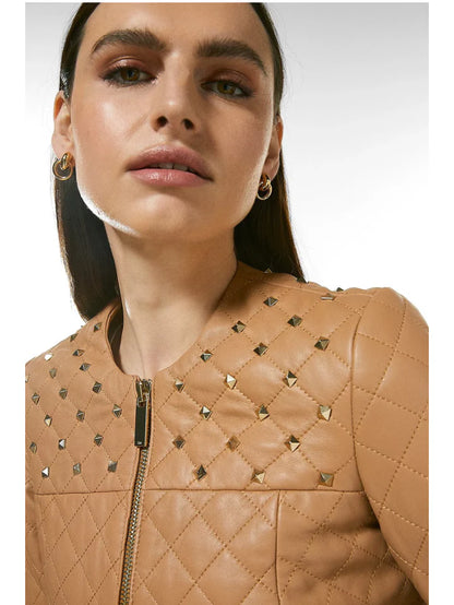 Women's Tan Beige Leather Studded Bomber Jacket - Edgy Style and Comfortable Fit