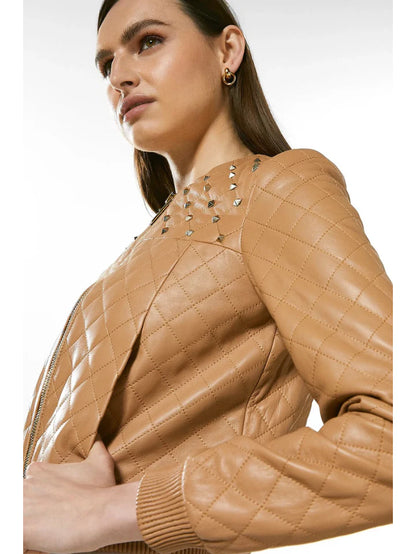 Women's Tan Beige Leather Studded Bomber Jacket - Edgy Style and Comfortable Fit