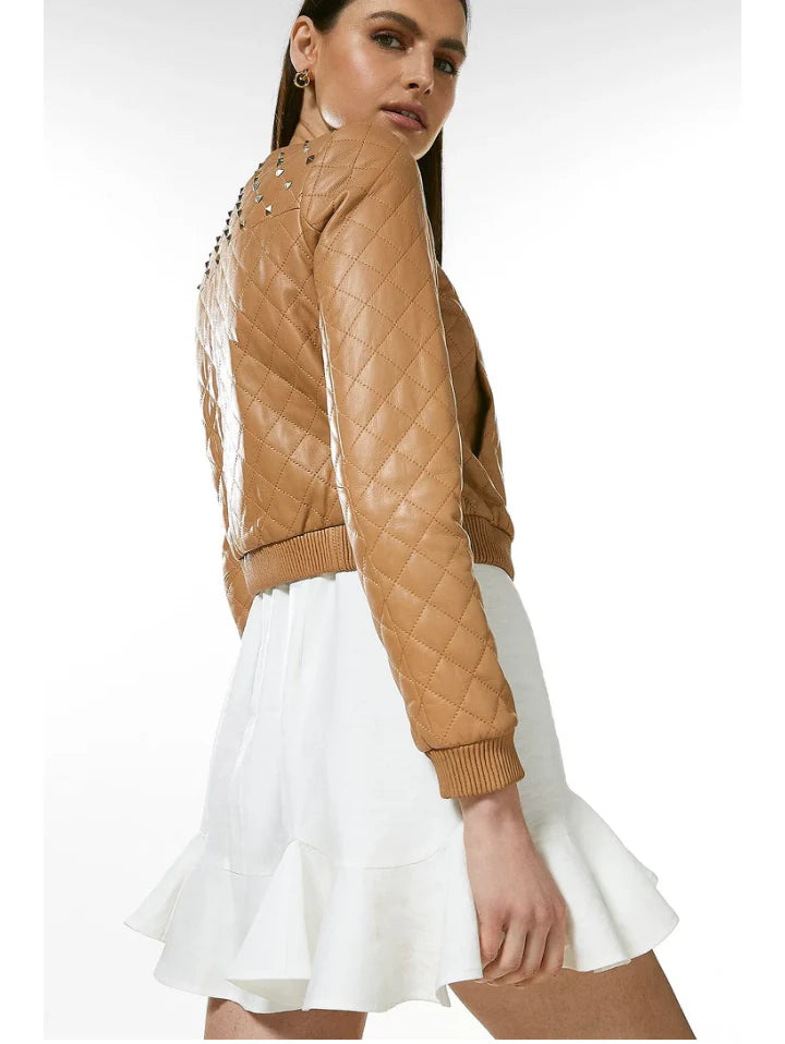 Women's Tan Beige Leather Studded Bomber Jacket - Edgy Style and Comfortable Fit