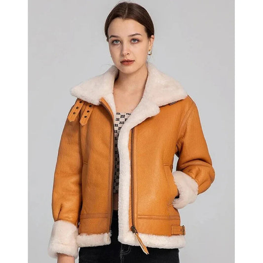 Women's Tan Brown B3 Bomber Shearling Aviator Flight Coat - Classic Style and Warmth