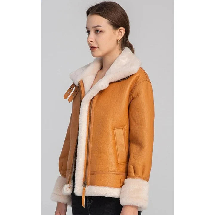 Women's Tan Brown B3 Bomber Shearling Aviator Flight Coat - Classic Style and Warmth