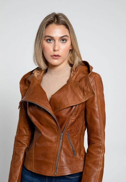 Women's Tan Brown Leather Hooded Biker Jacket - Stylish Comfort and Durability