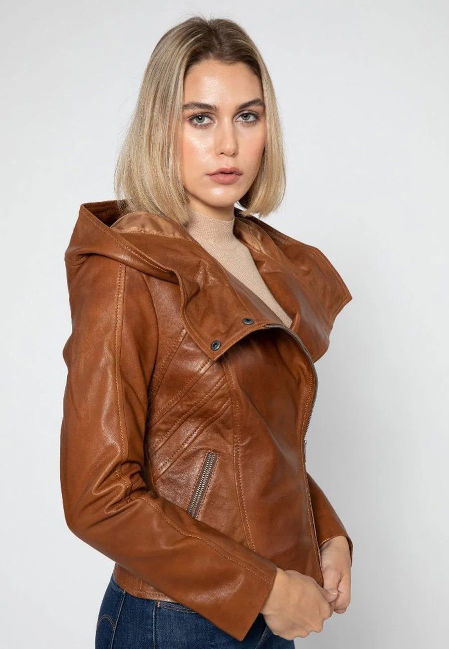 Women's Tan Brown Leather Hooded Biker Jacket - Stylish Comfort and Durability