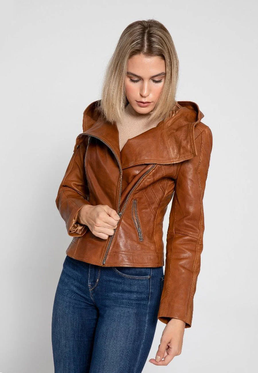 Women's Tan Brown Leather Hooded Biker Jacket - Stylish Comfort and Durability