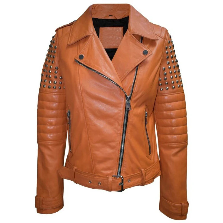 Women's Tan Brown Studded Leather Biker Jacket - Edgy Style and Classic Design