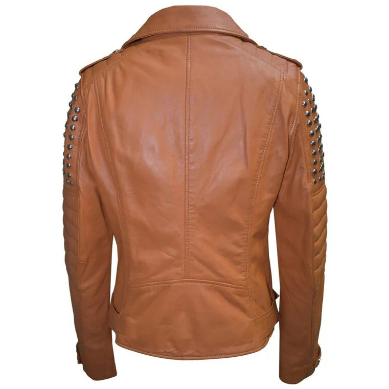 Women's Tan Brown Studded Leather Biker Jacket - Edgy Style and Classic Design