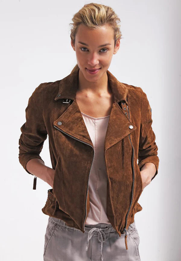 Women’s Tan Brown Suede Leather Biker Jacket