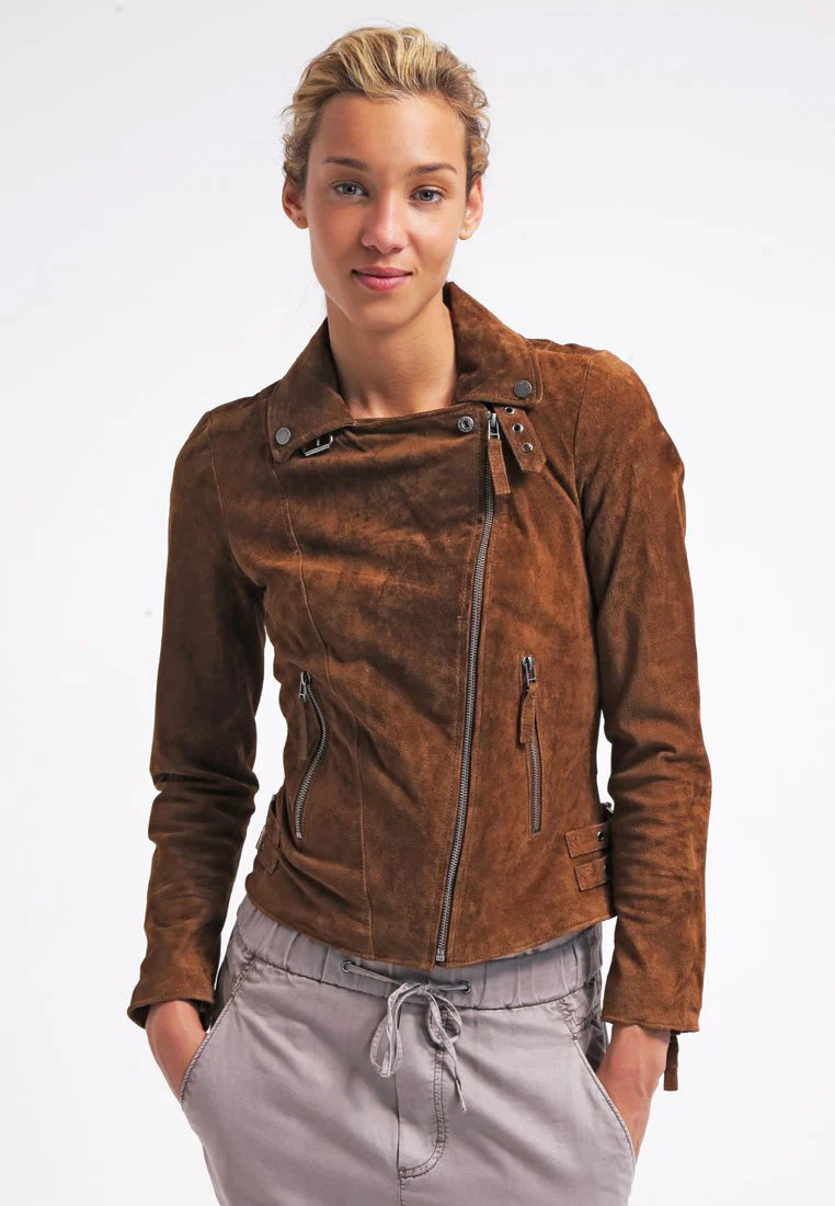 Women’s Tan Brown Suede Leather Biker Jacket