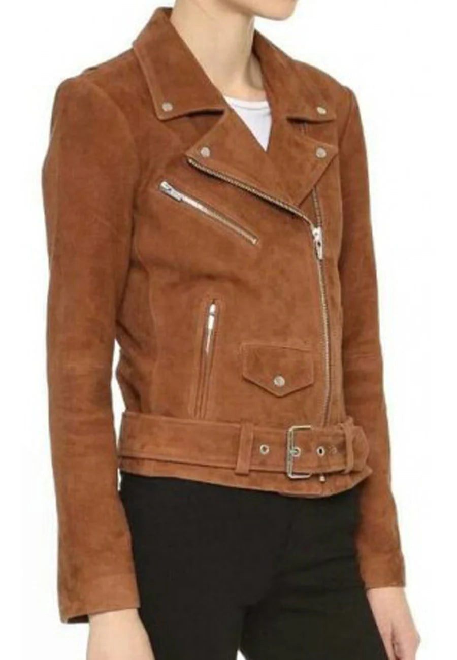 Women’s Tan Brown Suede Leather Biker Jacket