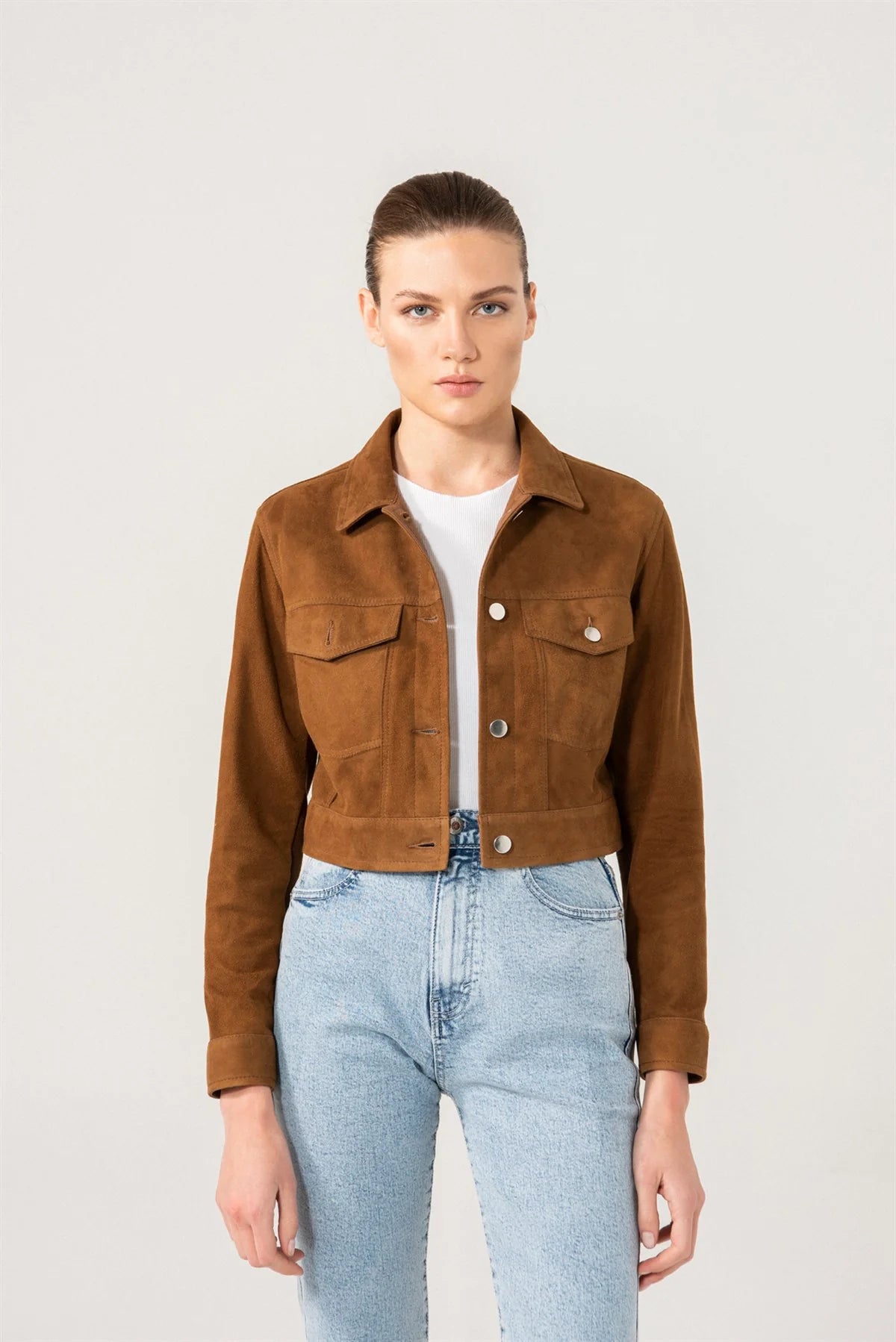 Women’s Tan Brown Suede Leather Short Trucker Jacket