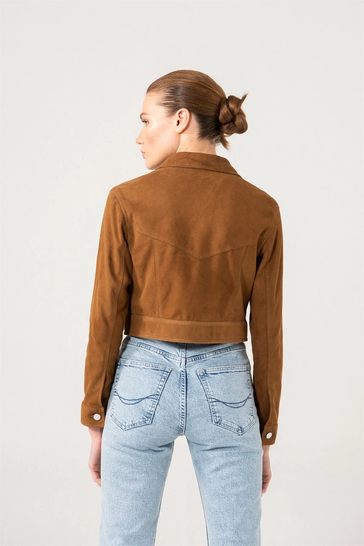 Women’s Tan Brown Suede Leather Short Trucker Jacket