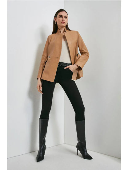 Women's Trendy Tan Beige Sheepskin Leather Blazer with Belt