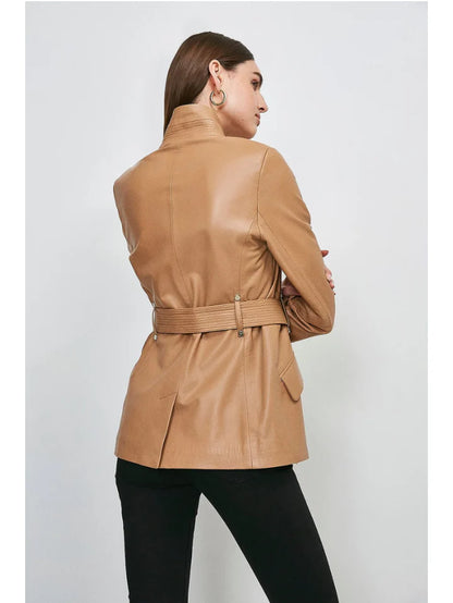 Women's Trendy Tan Beige Sheepskin Leather Blazer with Belt