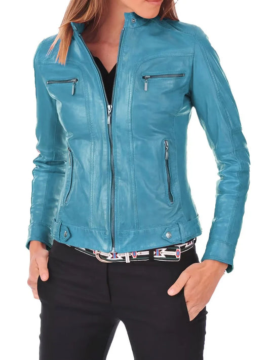 Women's Turquoise Blue Genuine Lambskin Leather Biker Jacket - Vibrant Style and Quality Craftsmanship