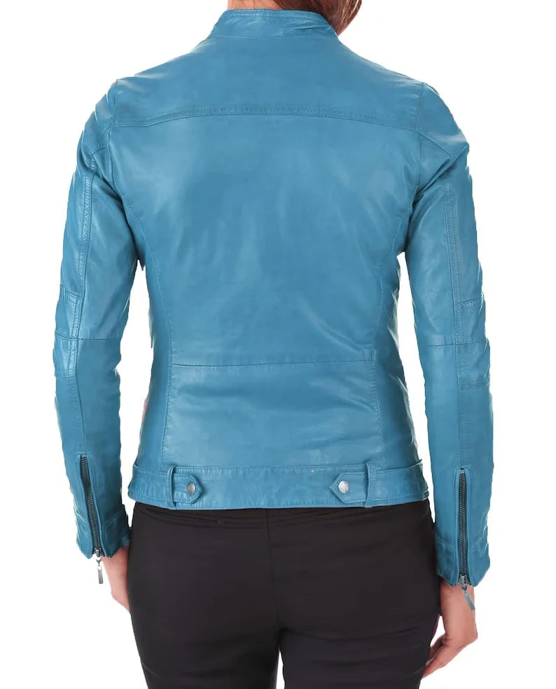 Women's Turquoise Blue Genuine Lambskin Leather Biker Jacket - Vibrant Style and Quality Craftsmanship