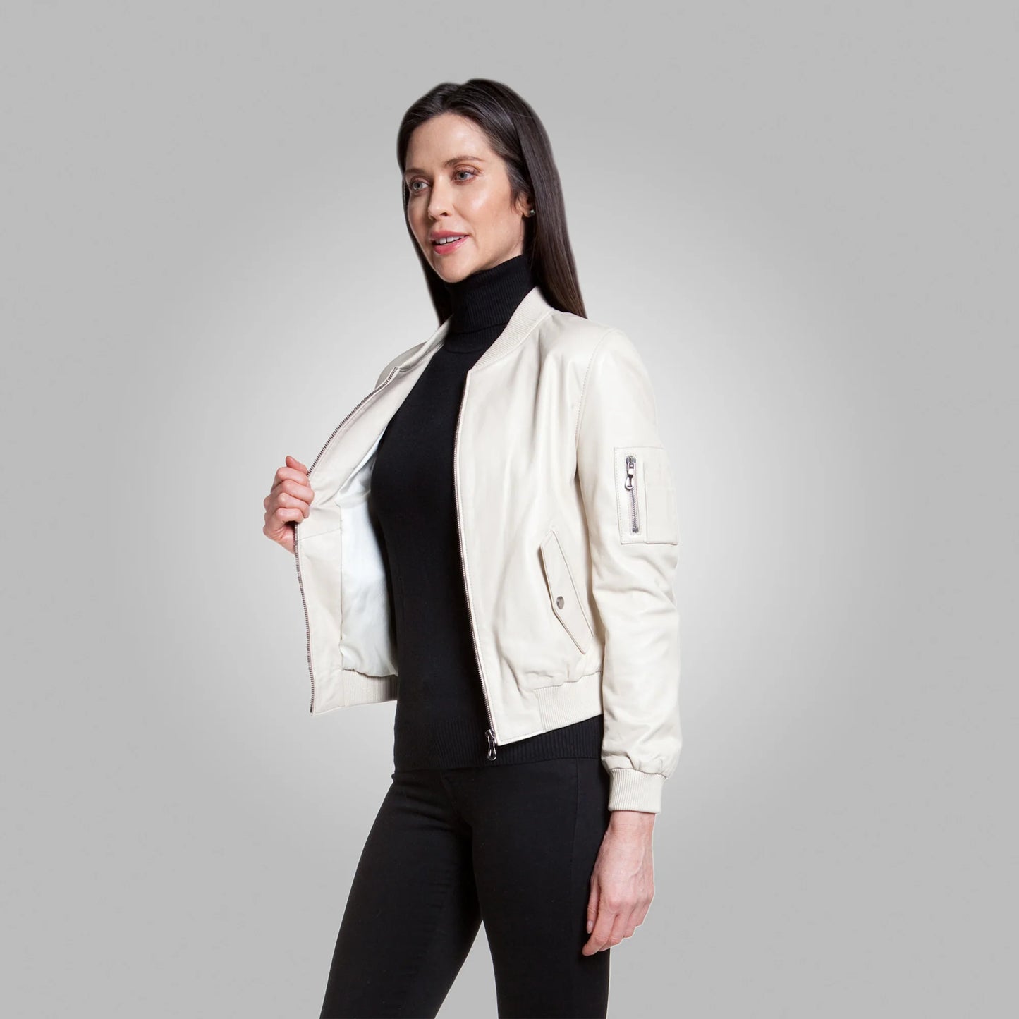 Women’s White Leather Bomber Jacket