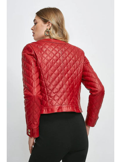 Women’s Wine Red Leather Jacket Golden Buttons