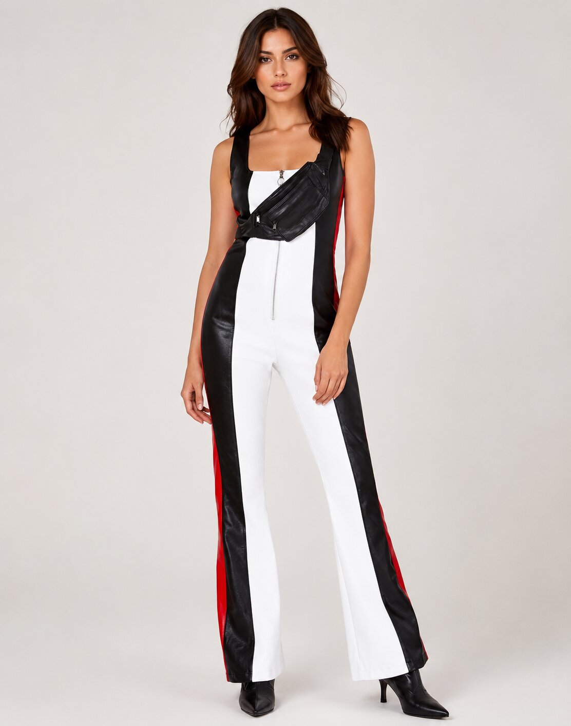 Women's Sheepskin White, Red, and Black Leather Jumpsuit