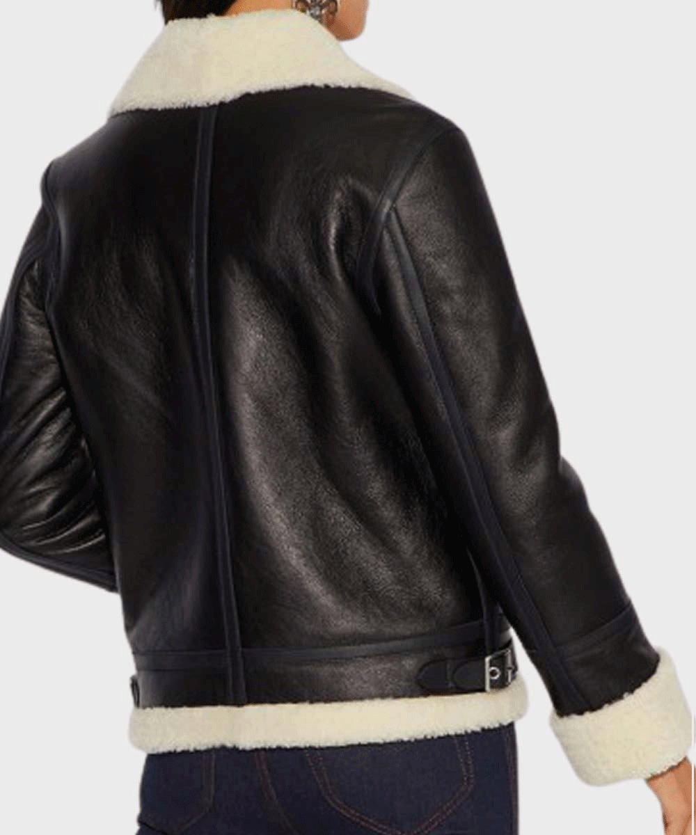  Chic Womens Aviator Ivory Shearling Leather Jacket with Faux Fur Collar