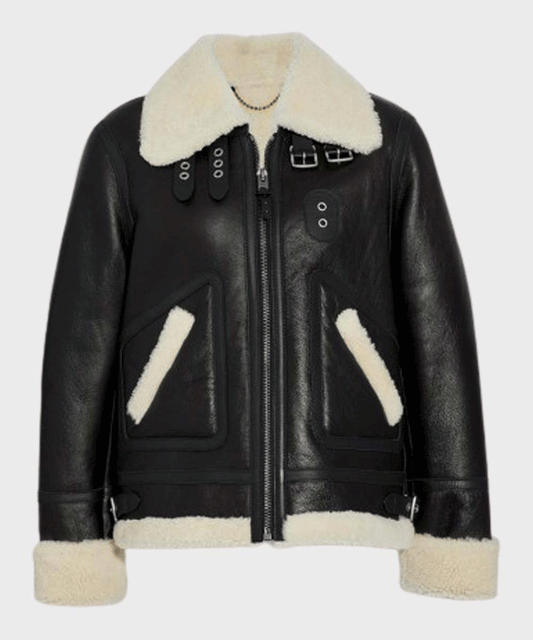  Chic Womens Aviator Ivory Shearling Leather Jacket with Faux Fur Collar