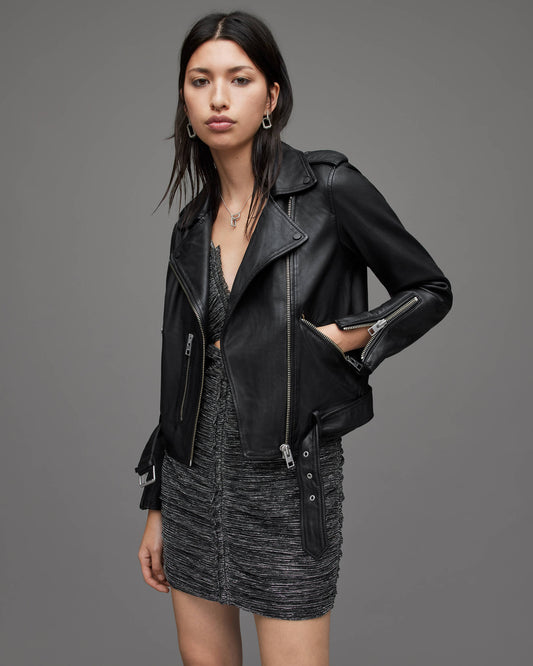 Women's Black Leather Biker Jacket with Belt