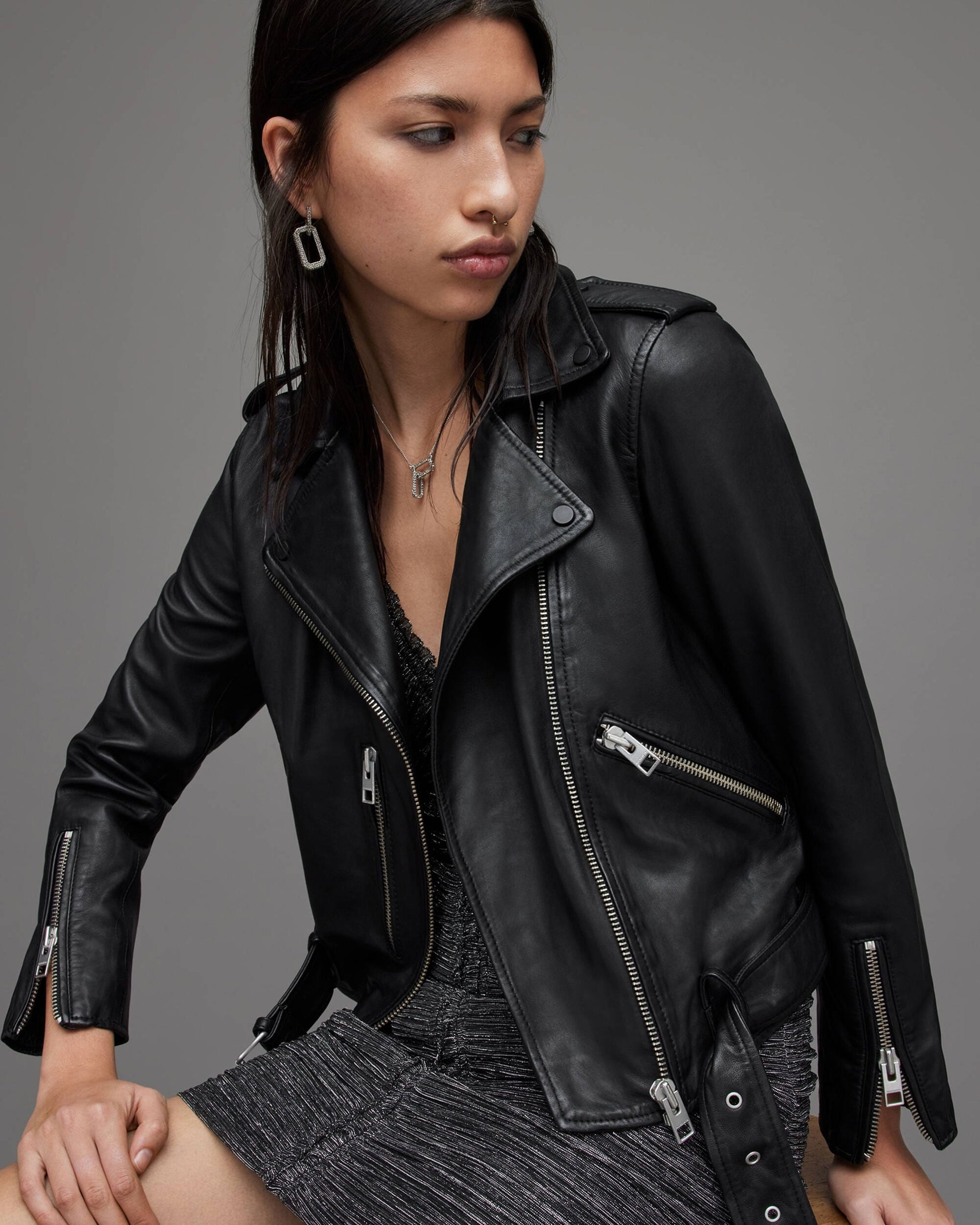 Women's Black Leather Biker Jacket with Belt