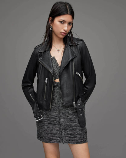 Women's Black Leather Biker Jacket with Belt