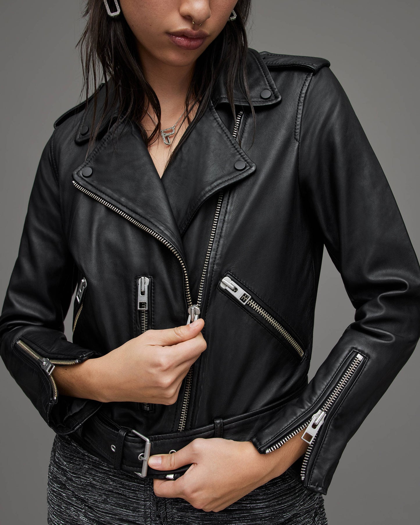 Women's Black Leather Biker Jacket with Belt