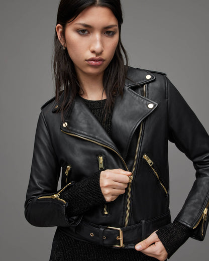 Stylish Women's Black Leather Biker Jacket with Gold Tone Zippers