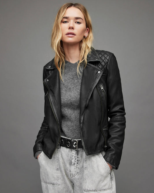 Stylish Women's Black Leather Biker Jacket with Quilted Shoulders