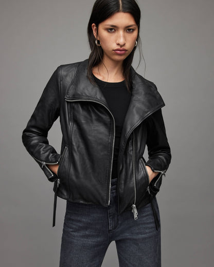 Women's Leather Biker Jacket In Black With Wing Collar