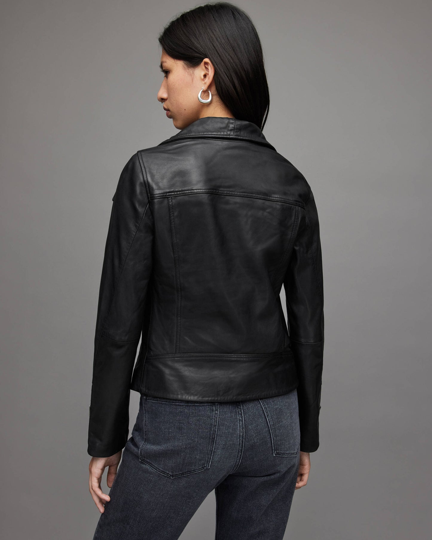 Women's Leather Biker Jacket In Black With Wing Collar