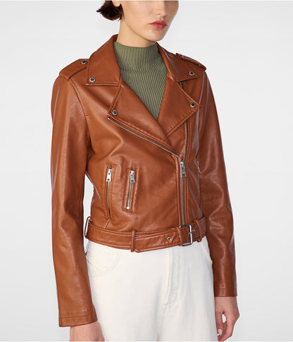 Classic Women's Brown Biker Leather Jacket